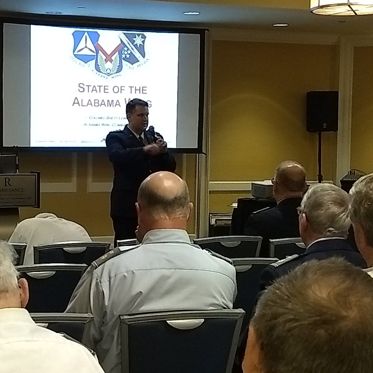 cap_alwing's tweet photo. Alabama Wing Commander Colonel Brett Lewis speaking on Alabama Wing's strategic vision. #civilairpatrol https://t.co/E9Lwt6Utbb