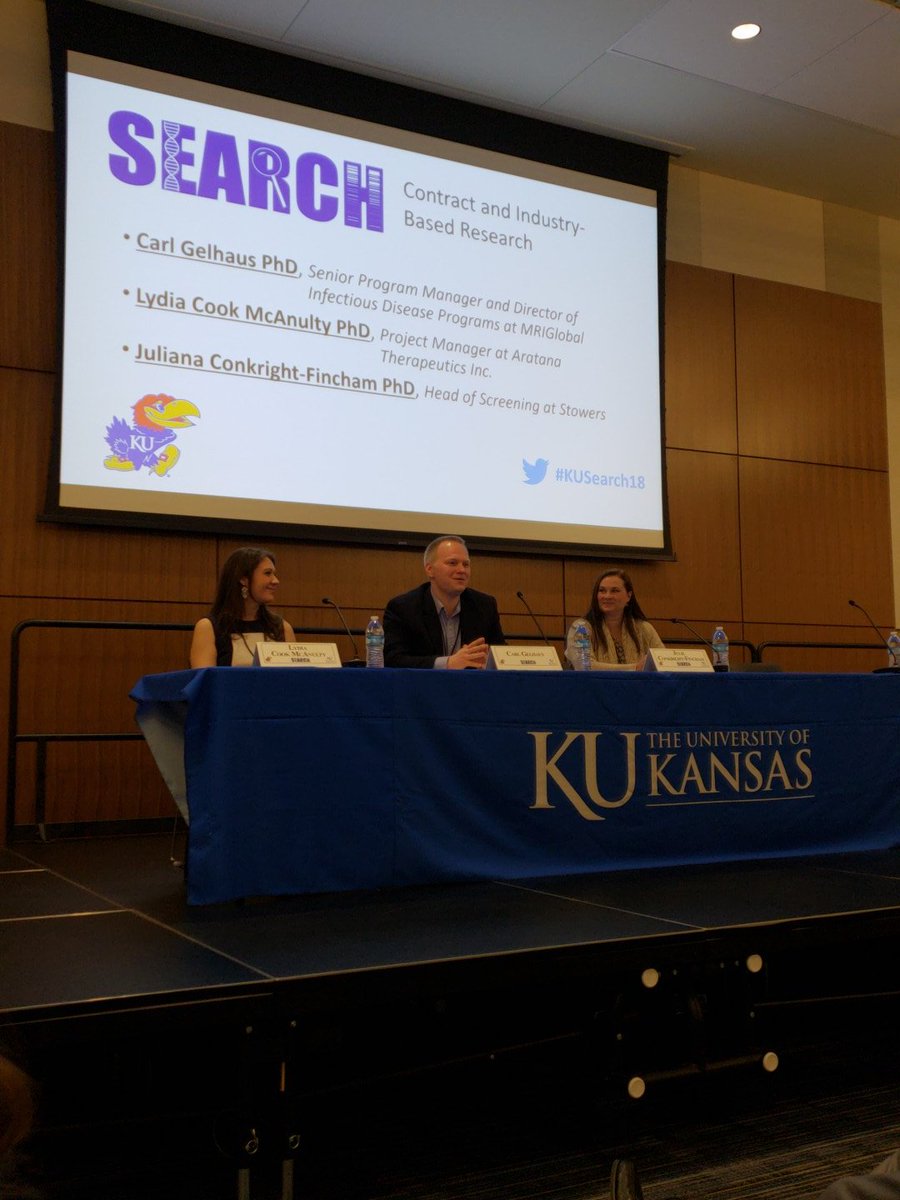 Reps from @AratanaRx, @MRIGlobal_News & @ScienceStowers  discussing #contractresearch & #industryresearch at #KUSearch18