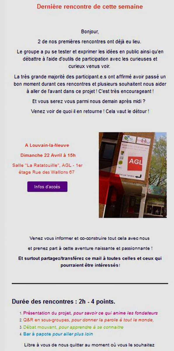 Dernière rencontre 
Le dimanche 22 avril à 15h
Salle 'La Ratatouille', AGL 
1er étage rue des Wallons 67 à #Louvainlaneuve
 #Communales2018 #DémocratieLocale #ListeCitoyenne