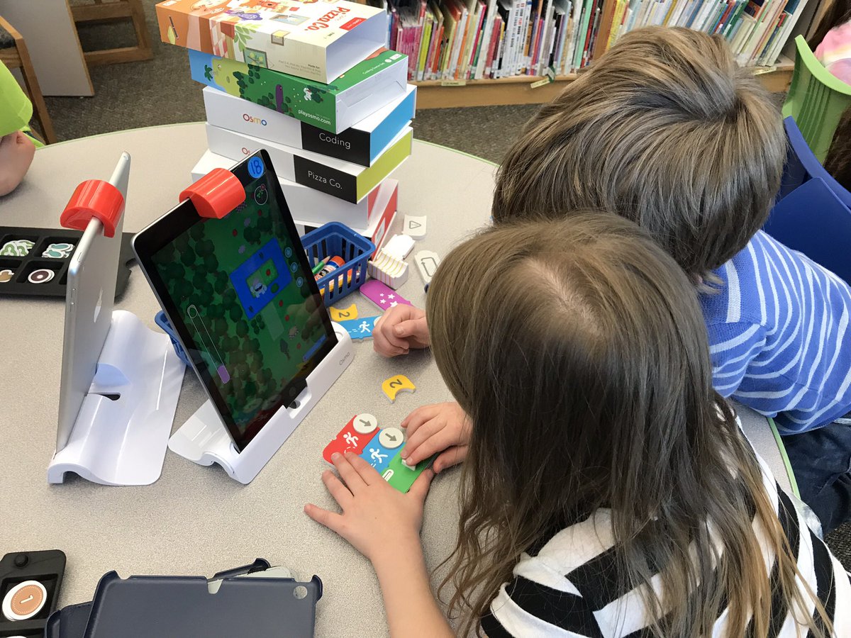 Makerspace time in the library. Critical thinking and collaboration on display from first graders. <a href="/PlayOsmo/">Osmo</a>