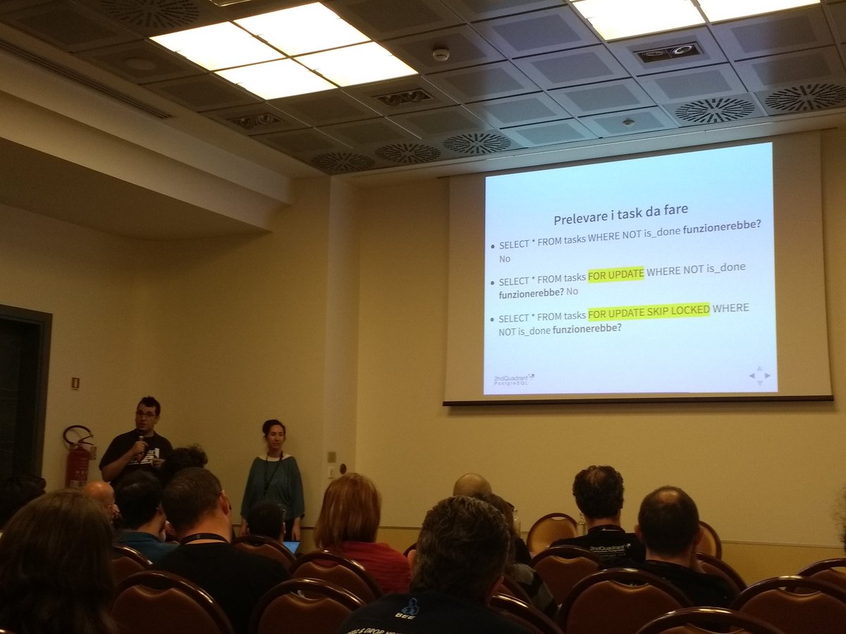 #PostgreSQL come gestore di code? È possibile. E #Django lo supporta. <a href="/leonardo_cecchi/">Leonardo Cecchi</a> e <a href="/TamaraNocentini/">tamara.nocentini</a> #pyconnove
