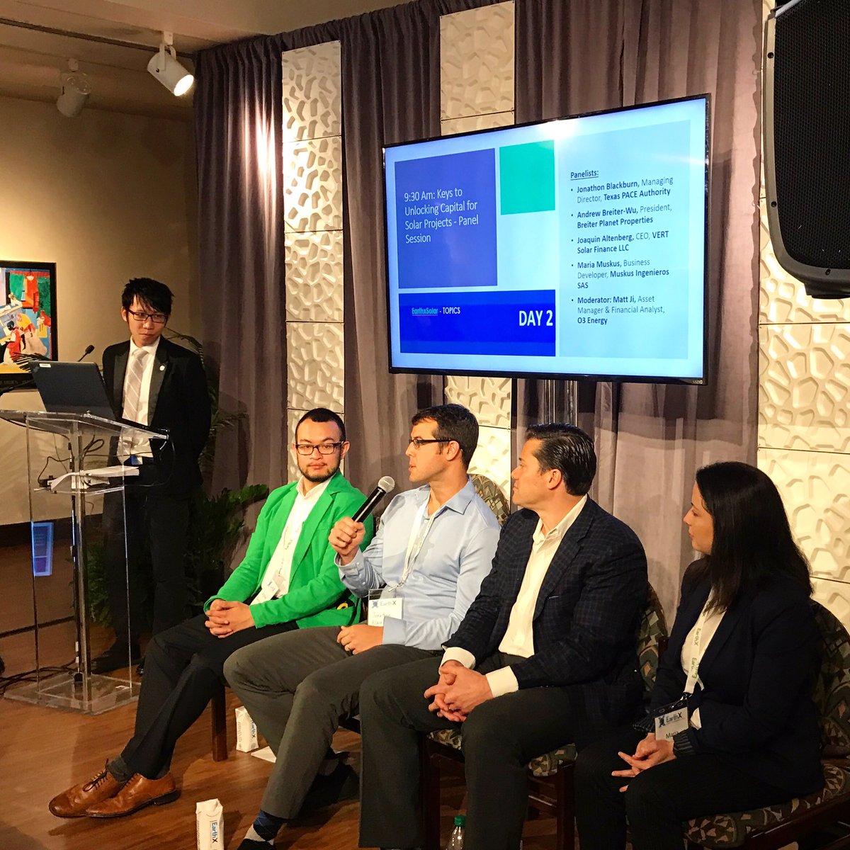 O3Energy's tweet photo. Day 2 at EARTHXSolar is underway! Great job from our team member Matt Ji on moderating the "Keys To Unlocking Capital" panel this morning. @earthxorg #EarthXSolar #EarthX #Solar #SolarFinance #SolarFinancing #Dallas #O3Energy https://t.co/MmPmlx6xYt