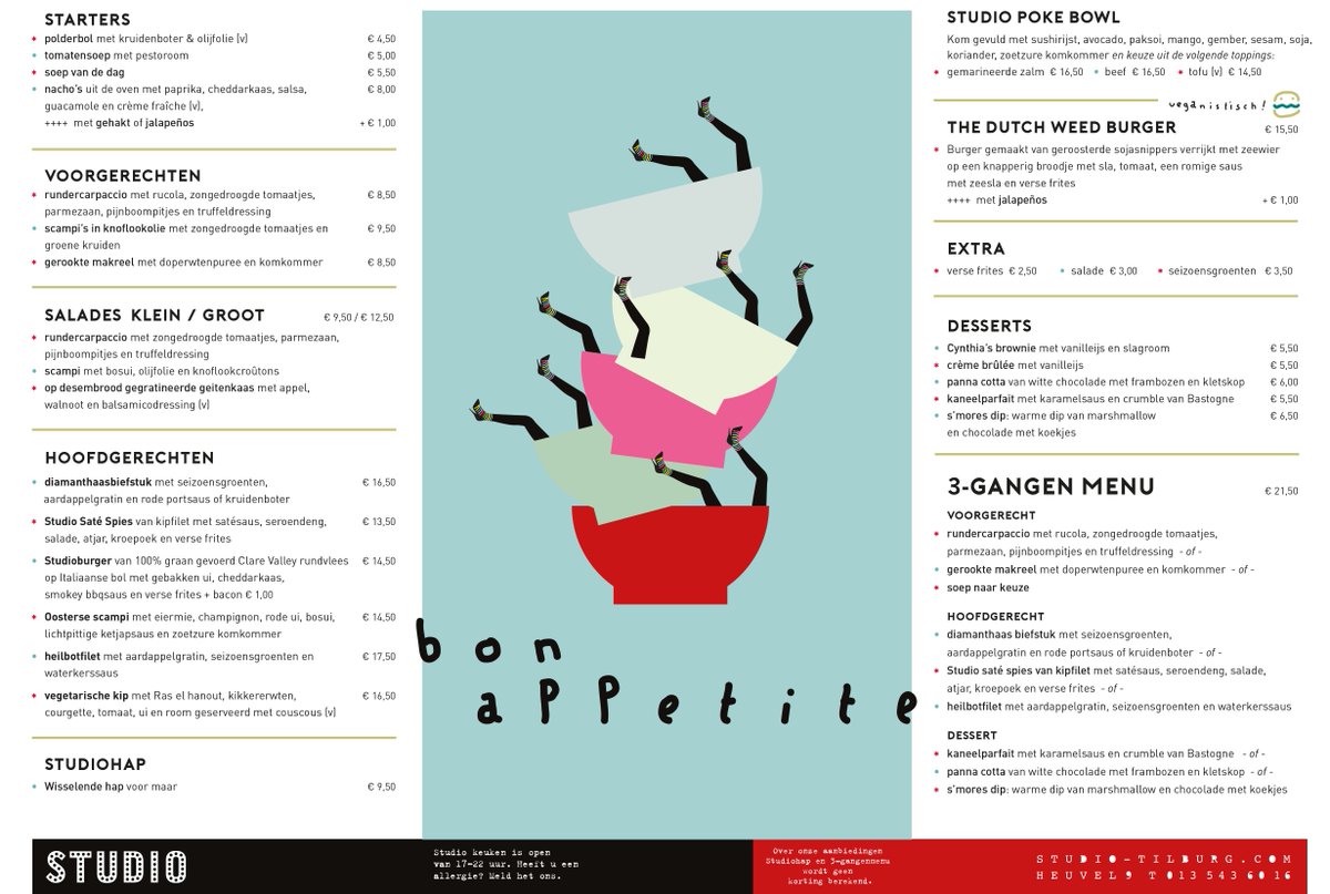 Geen zin om te koken of iets te vieren? Bekijk hieronder onze menu-kaart. Je kan bij ons ontbijten, lunchen en uitgebreidt dineren!

Reserveren kan via studio-tilburg.com/reserveren

#StudioTilburg #Tilburg