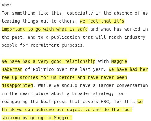 <a href="/realDonaldTrump/">Donald J. Trump</a> The Clinton campaign office, wrong or rightly, saw Maggie Haberman as their pet, as this internal email, published by @WikiLeaks makes clear:

wikileaks.org/podesta-emails…