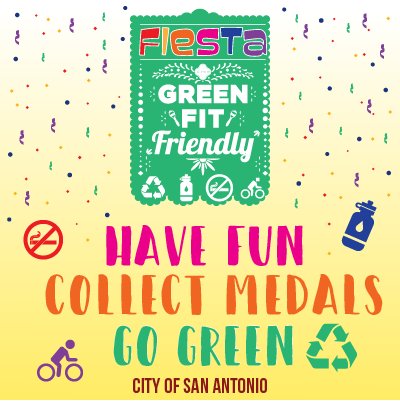 VIVA FIESTA! Remember when you fiesta around SA this year to stay GREEN, FIT &amp; FRIENDLY! Make sure to recycle, make healthy eating &amp; drinking choices, attend smoke-free events, &amp; walk, bike or use public transportation! #GreenFitFriendlyFiesta