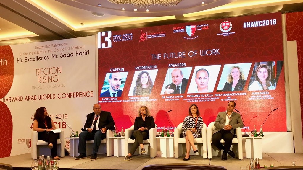 EndeavorLB's tweet photo. Our very own @c_chehade moderating a panel on the “Future of Work” at the Harvard Arab World Conference #HAWC2018 @harvardarabaa https://t.co/yzhs9Ja7Tg