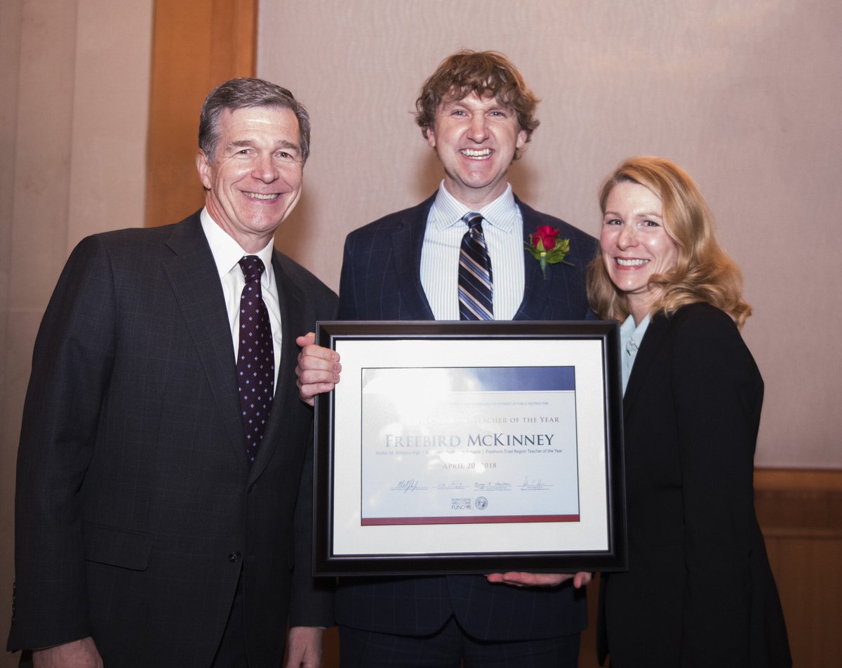 NC_Governor's tweet photo. Congratulations to Freebird McKinney on winning Teacher of the Year. You and your fellow teachers are the key to North Carolina’s future success. https://t.co/NwnGauAJ7O
