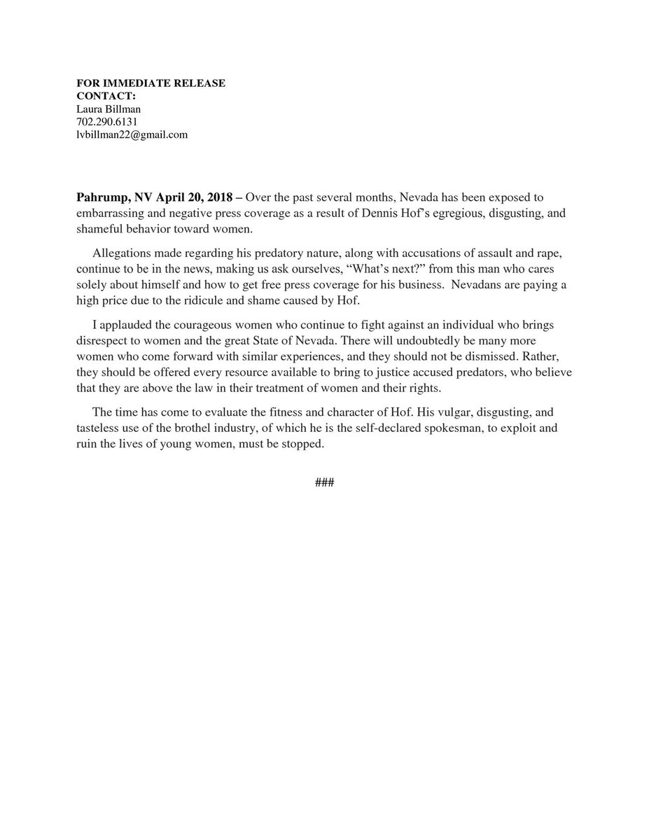 James_Oscarson's tweet photo. "Nevada has been exposed to embarrassing and negative press coverage as a result of Dennis Hof’s egregious, disgusting, and shameful behavior toward women."-James Oscarson, 4/20/18

Read More Below: https://t.co/vAKhhICVA9