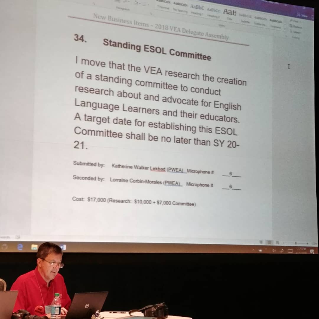 PrinceWilliamEA's tweet photo. PWEA Member Katherine Lekbad presenting in her new business item #VEAConvention2018 #VEAUnity https://t.co/7PsH2FlT0F
