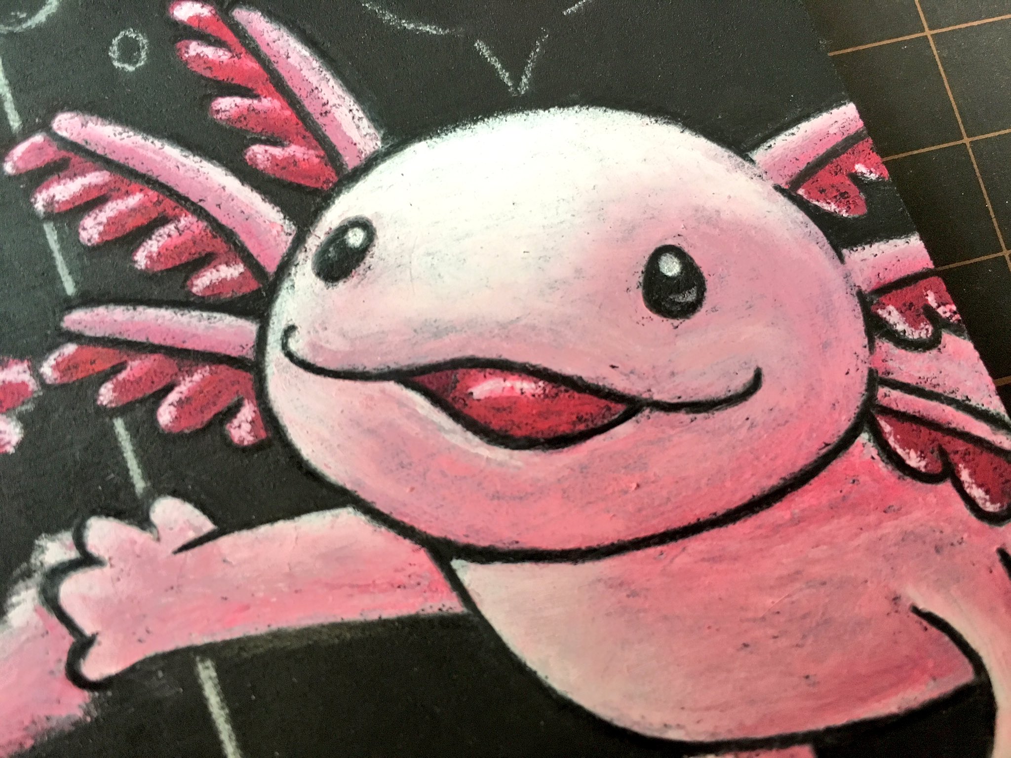 チョークアート 鶴屋黒板堂 イベント様子見 まだ途中だけどウーパールーパー描いてます アホな感じが出ると良いなー ウーパールーパー 爬虫類好きと繋がりたい 絵描きさんと繋がりたい