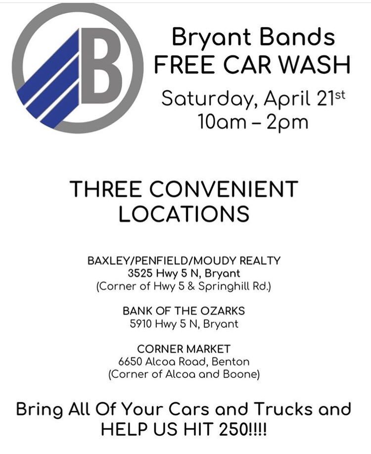 bryanthshornets's tweet photo. Visit one of these locations by 2 p.m. today to let our @BryantBands students wash your car! 🚘 🎶 https://t.co/TkkdH4apEu