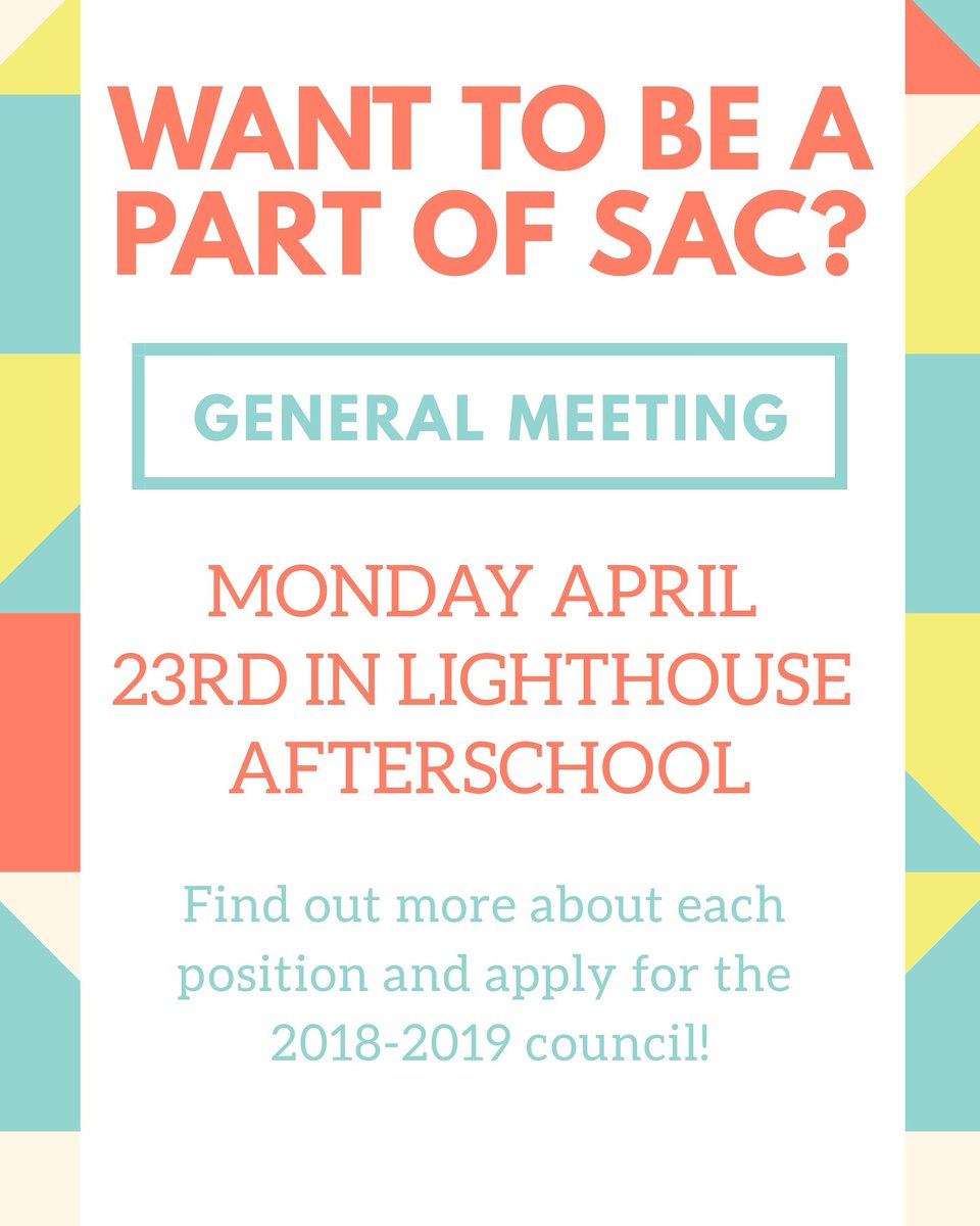 Hey RHSS! Wanted to always be a part of SAC? Nows your time to shine! Come out to lighthouse on Monday April 23rd for SAC's general meeting and learn more about each position on SAC! Come out on Monday and be a part of the 2018-2019 council! See you there!