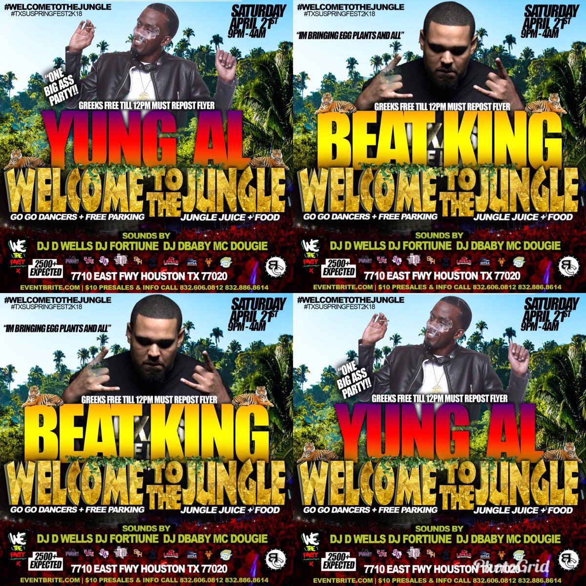 rackedupaaron's tweet photo. TONIGHT @ #WelComeToTheJungle 🏝 •SATURDAY ARPIL 21st ‼️
•LIVEST VENUE INSIDE AND OUT🗣
*YUNG AL + BEAKING LIVE!
•$10PRESALES ‼️🗣
•9pm-4am •
Biggest Party Of The Year 😈‼️💥
#TXSUSPRINGFEST2K18 #Txsu21
#TxSUWEHAVEAPROBLEM #Txsu20
#pvamu21 #Pvamu20 #Shsu21 https://t.co/idNrQihtij