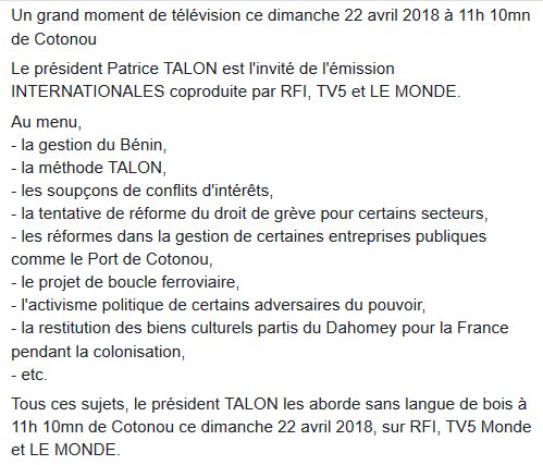 PresidenceBenin's tweet photo. #wasexo #prbenin: 

Prenez le RDV ce dimanche 22 avril 2018 à 11h 10mn de Cotonou  sur l'émission "INTERNATIONALES" coproduite par @TV5MONDE , @RFI , et @lemondefr avec pour invité , le #prbenin #PatriceTalon qui parlera sans langue de bois des questions d'actualité. https://t.co/qkJ019vPrt