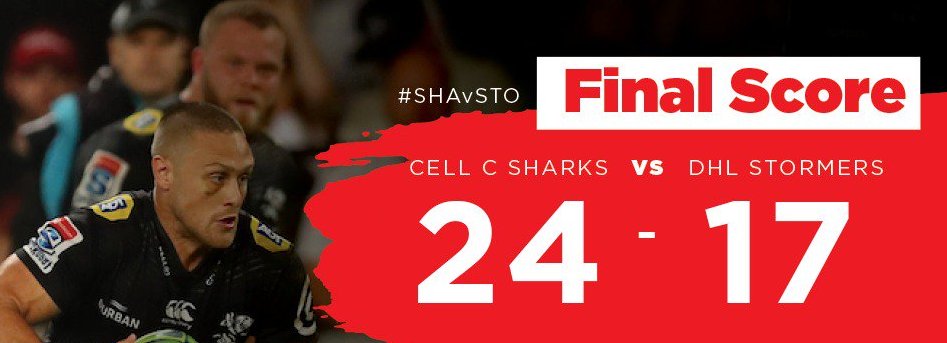 WorldSportsBet's tweet photo. FULL TIME โข
The Sharks get the final say after a late surge from the Stormers at the Shark Tank
FINAL SCORE:
Sharks 24 - 17 Stormers
#SHASTO #SuperRugby #SHAvSTO https://t.co/uFIaE84gPB