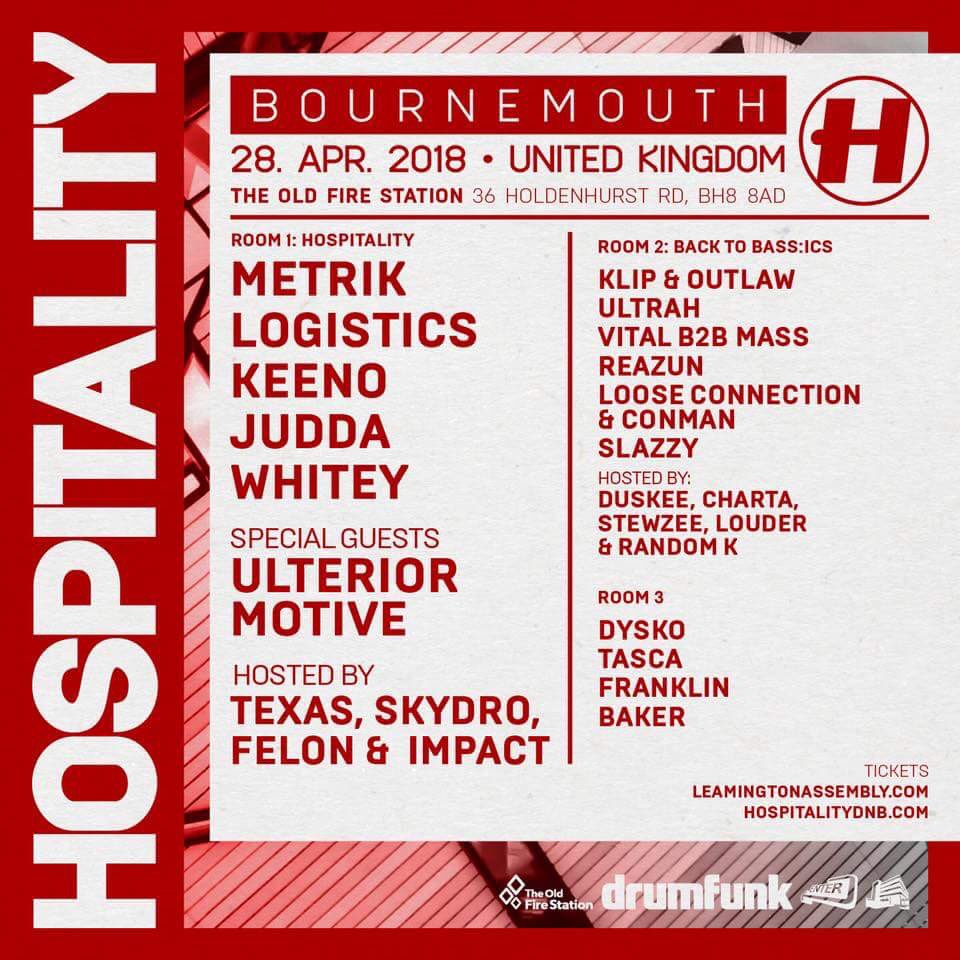 <a href="/HospitalityDNB/">HospitalityDnB</a> #Bournemouth next Saturday at The Fire Station <a href="/MetrikMusic/">Metrik</a> <a href="/LogisticsDNB/">Logistics</a> <a href="/keenodnb/">Keeno</a> <a href="/Harryjudda/">The Juddaman</a> <a href="/whitey_enter/">Whitey</a> <a href="/ulterior_motive/">Ulterior Motive</a> <a href="/texas_mc/">MC Texas</a> <a href="/SkydroUK/">Skydroponical</a> <a href="/FELONMC/">:FELON MC:</a> #dnb #drumandbass