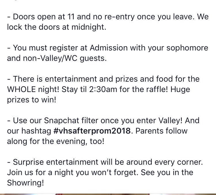 AfterProm2018's tweet photo. Tonight is the night! Follow us all night for updates and fun happenings. Will there be a clown?! And read our important reminders. Can’t wait to see you all at The Greatest Show #vhsafterprom2018 https://t.co/njGHmyDoi8