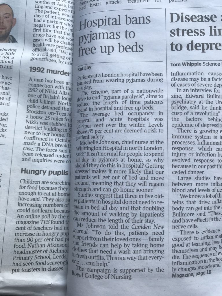 annie49jones's tweet photo. Shame on @thetimes for misleading headline. #EndPJparalysis is NOT about banning pyjamas to free up beds.  Rather, it’s about encouraging patients who are able to get up and move to reduce de conditioning. https://t.co/298pIuGFYb
