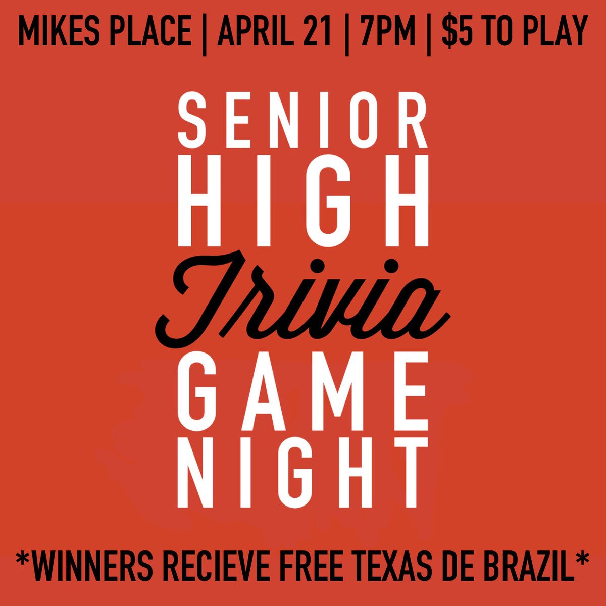 GraceEvanSrHigh's tweet photo. it’s about to get JUICY tonight, y’all. trivia night. mikes place. bring your squad. @texasdebrazil glory for the most mentally muscular team✊🏻✊🏻✊🏻 https://t.co/0yguYIrQTQ