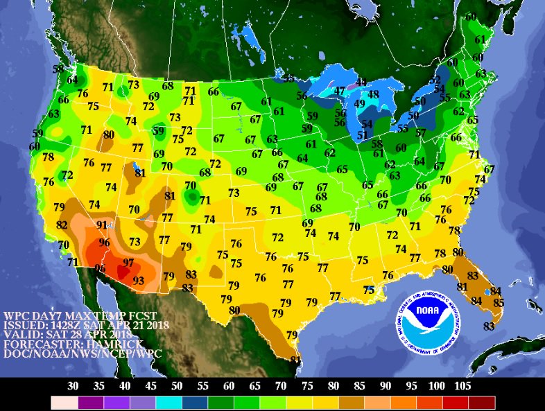 NWSWPC's tweet photo. Next Saturday has us dreaming of spring for nearly the whole country! With the exception of the Great Lakes, high temperatures will be above the 50s for everyone! https://t.co/ct2F3TXzcZ