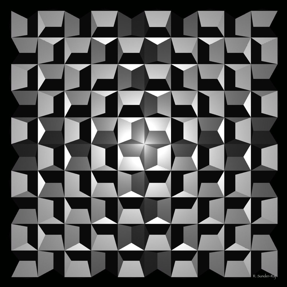 HypercubicPeg's tweet photo. Here is an ortho view of an indented version of the #cairotiling stuff that I was playing with. As suggested, by @roice713 it uses 200 bent #pentagons in a 3d approximation of #Coxeter's picture (https://t.co/4tUUriYJu0)

#tiling #tilings #mathart #symmetry #dodecahedrons https://t.co/lYONZxShaX