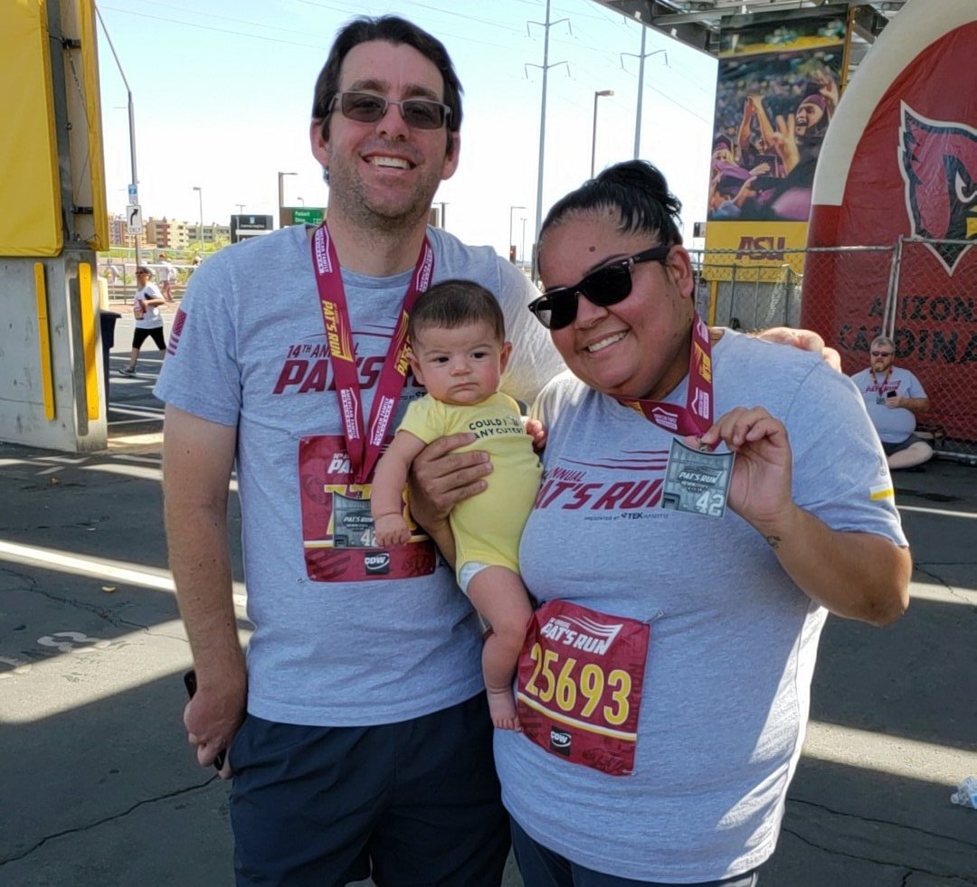 jknapfel's tweet photo. Tired 😴, but had a great time this morning, running #PatsRun for the second straight year. Ran my 4.2 miles at 00:44:14 and then went around again, this time walking with my wife and daughter. #PatsRun2018 @pattillmanfnd https://t.co/QJipwmNr8a