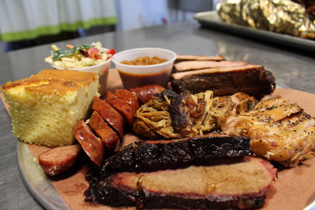 Bluffstop1's tweet photo. Why chose just one type of meat when you can get it all on our BBQ platter? Ribs, brisket, chicken, pulled pork and sausage plus cornbread, slaw and beans on the side. We’re serving this as well as just ribs all day today, don’t miss out! https://t.co/kyMyPNtCqB
