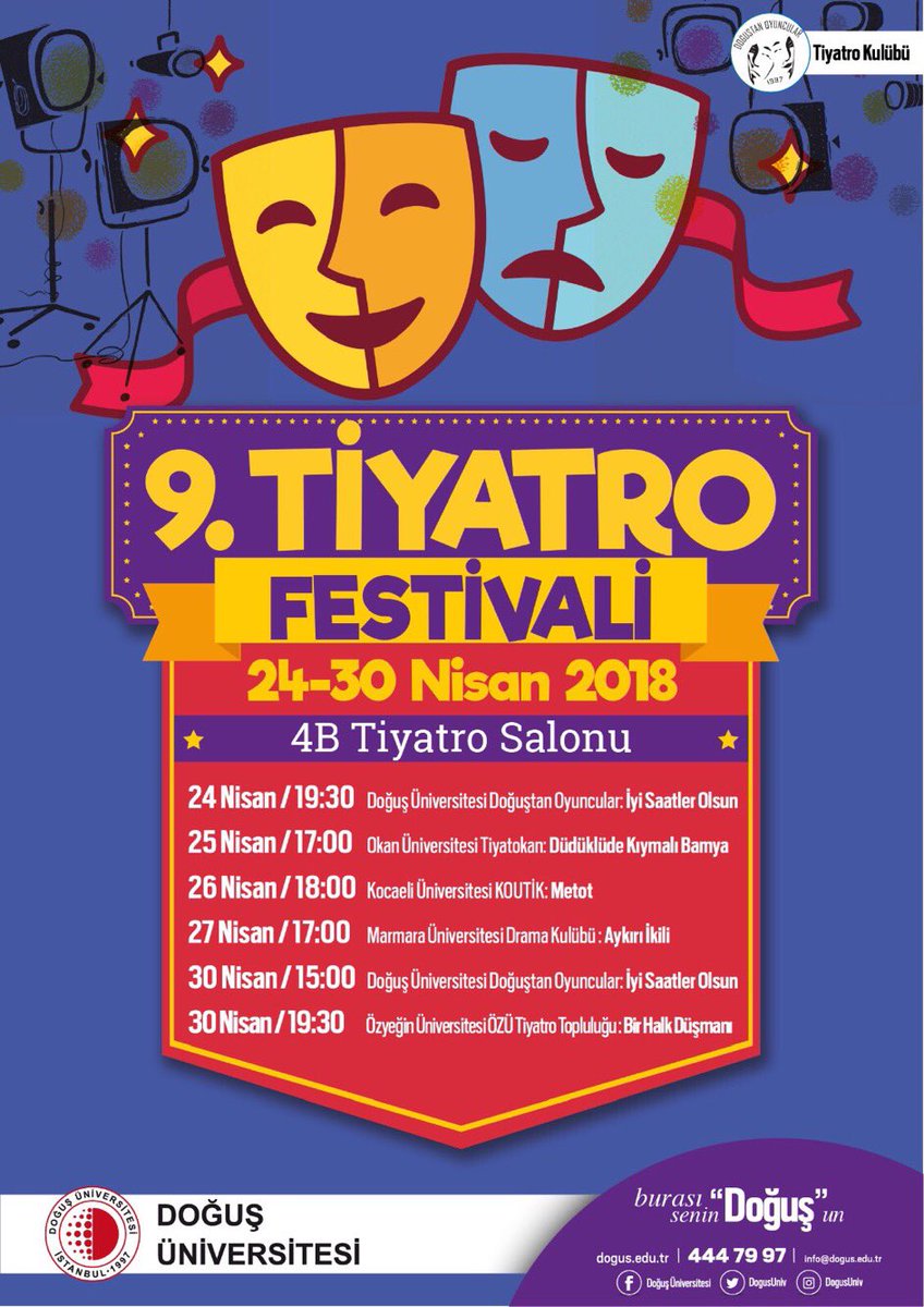 DOĞUŞ ÜNİVERSİTESİ 9. TİYATRO FESTİVALİ BAŞLIYOR🎭

*Etkinlik üniversite dışından katılıma açıktır. 

*Tüm oyunlar ücretsizdir.