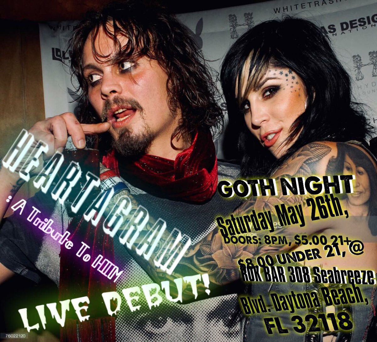 HimTributeUSA's tweet photo. 💀@thekatvond 💜@HeartagramTeam 🔥#Heartagram #HIM #VilleValo #KatVonD #LoveMetal #HeartagramAtributeToHIM #HimTributeUSA #Live #RokBar #GothNight #DaytonaBeachFL #USA #BeReady2018 🇺🇸🖤🇫🇮 https://t.co/jAaUZ5djWu