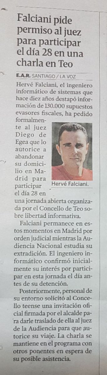 #ULTIMAHORA Pendentes do xuiz Diego Egea para ver se autoriza a Hervé Falciani a asistir á mesa redonda sobre LIBERDADE INFORMATIVA do #LibreTeo o vindeiro sábado 28.