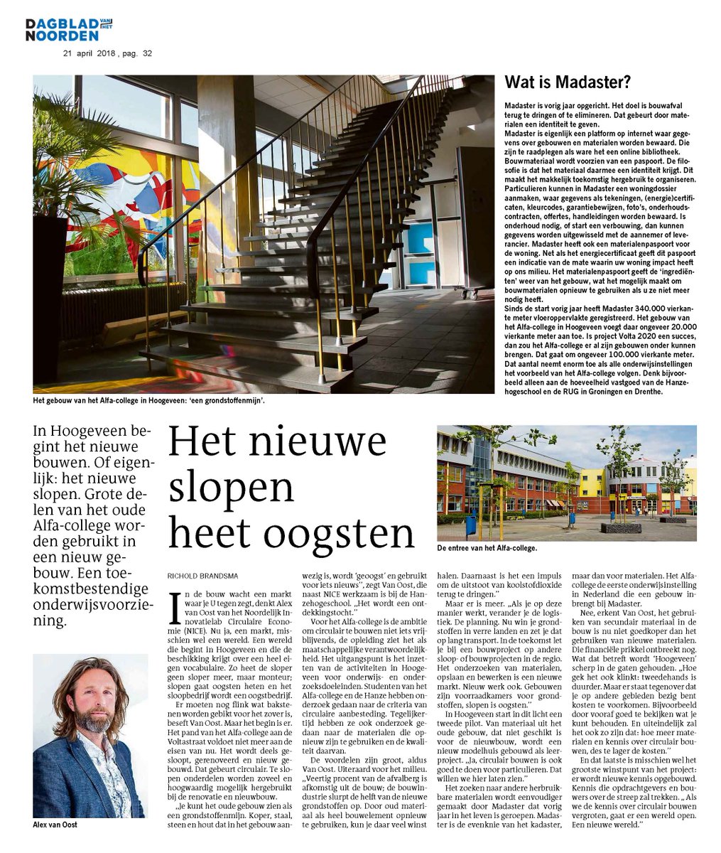 Veel aandacht vandaag voor  artikel in <a href="/dvhn_nl/">Dagblad van het Noorden</a> De aanstaande ver- en nieuwbouw van onze locatie in #hoogeveen levert al mooie en unieke samenwerkingen en resultaten op. Via en met <a href="/NNLcirculair/">Noordelijk Innovatielab Circulaire Economie</a> en <a href="/madaster/">Madaster</a>  #circulairbouwen #bestvalue #mbo