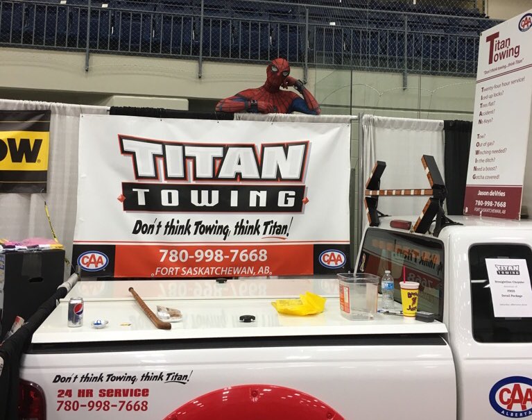 TitanTowing's tweet photo. We spotted Spider-Man behind our booth.. he’s sneaky!
@FtSaskChamber Trade Show on this weekend at the DCC! #FortSask #FSTradeShow https://t.co/yI9GF0F8dd