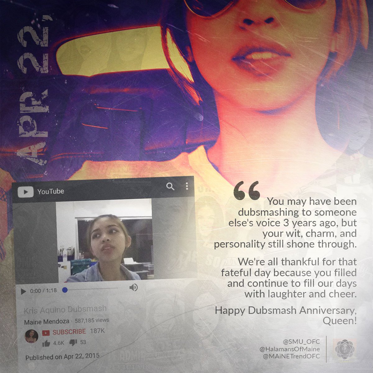 MAiNETrendOFC's tweet photo. Apr 22ⁿᵈ is #MaineMendoza's
#MaineDubsmashAnniv

what three (3) breathtaking years!
Hail, queen!♕

@mainedcm @SmashDiv
@SMU_OFC @HalamansOfMaine @macmendoza75 https://t.co/lSjNsmiJHU