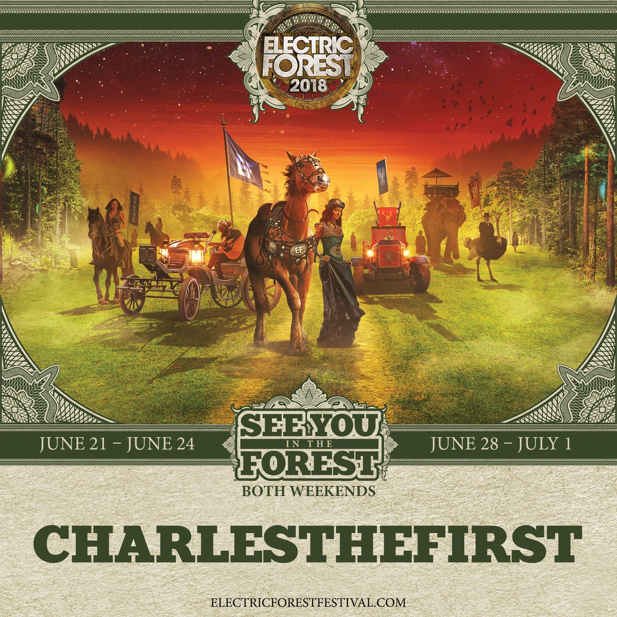 Electric_Forest's tweet image. Fusing organic hip-hop roots with lush and experimental electronic composition... @ctfbeats is headed for both weekends of #EF2018!  💚 #CharlesTheFirst #ForestFamily

⚡️🌲 ElectricForestFestival.com/lineup