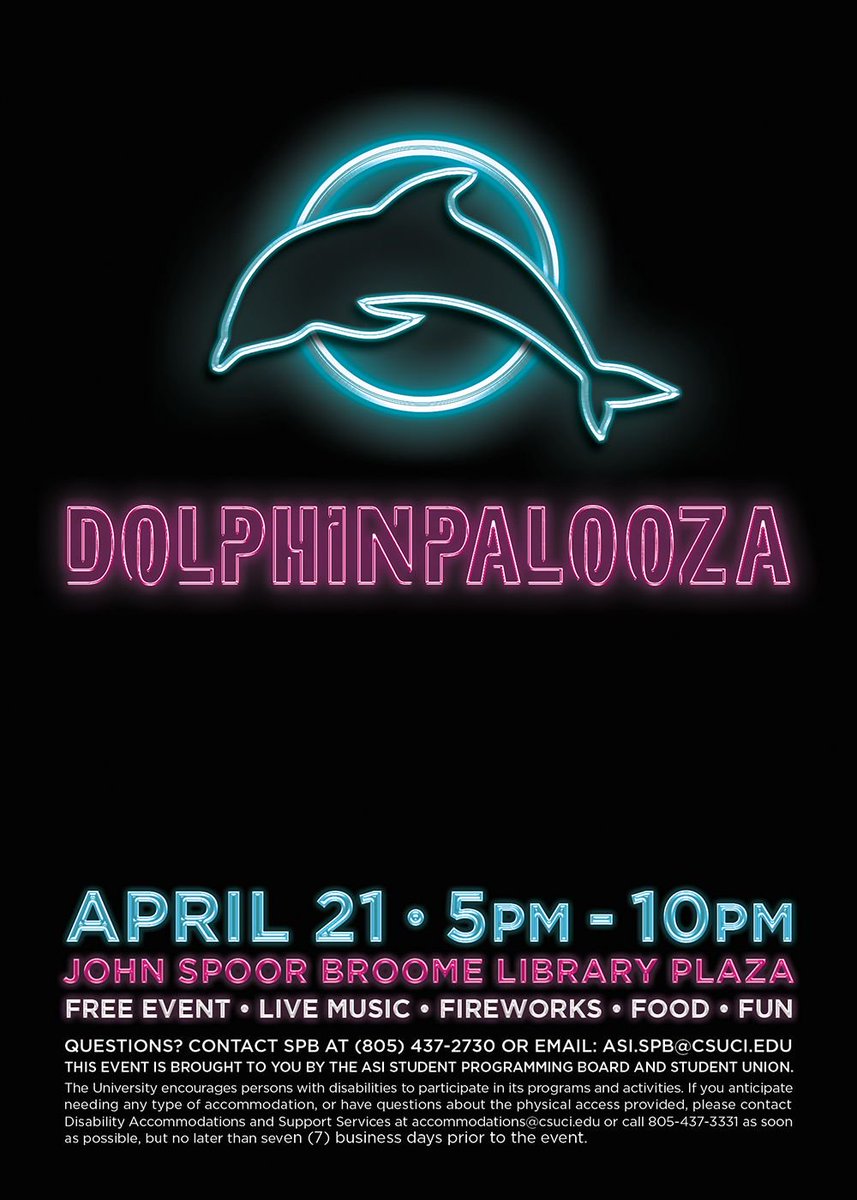 ci_asi's tweet photo. TONIGHT IS THE NIGHT! DOLPHINPALOOZA! 5:00 - 10:00 pm in the John Spoor Broome Library Plaza!🎉 Free event, food, live music and FIREWORKS!!!! 💥 🎤🎊 #CiSPB #Dolphinpalooza2018 #Dolphinpalooza #free #Fireworks #CSUCI #CollegeEvents #GlowTheme https://t.co/aOYLLbgFfX