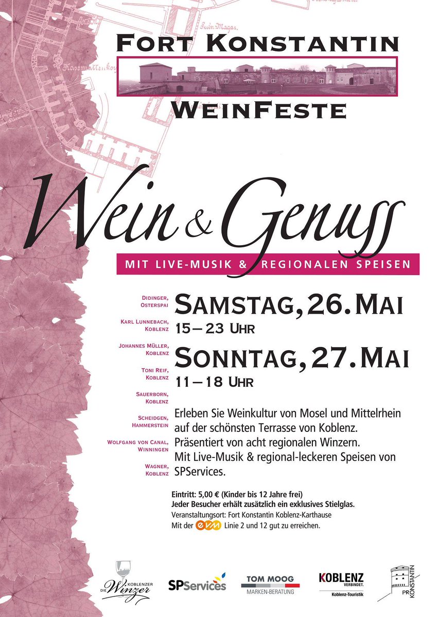 +++ Gewinnspiel beim #RheinstaWalk +++
Sendet uns Lieblingsfoto 3. #RheinstaWalk an rheinstawalk@gmail.com, wir stellen es auf Facebook Online. Das Foto mit den meisten Likes gewinnt zwei Karten zu "Wein und Genuss" auf dem Fort Konstantin am 26.+27.5.18.
Einsendeschluss 27.04.18