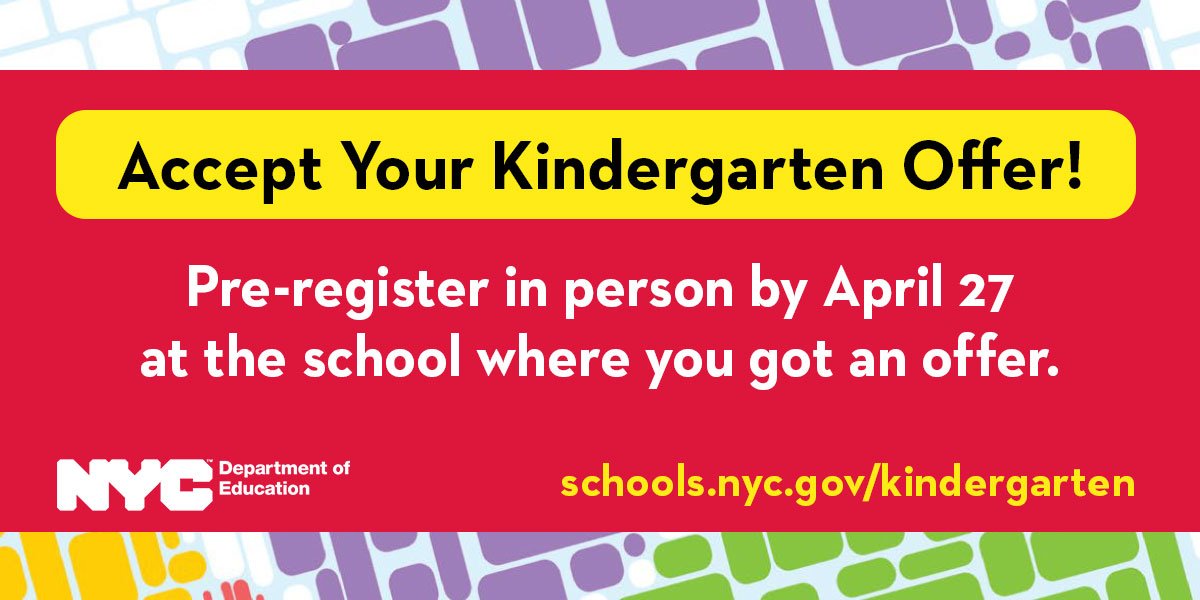 NYCSchools's tweet photo. Accept your kindergarten offer by pre-registering in person at the school where you got an offer—contact the school to schedule a time: https://t.co/u4RG2mFIWE https://t.co/j6GLUq9tTH
