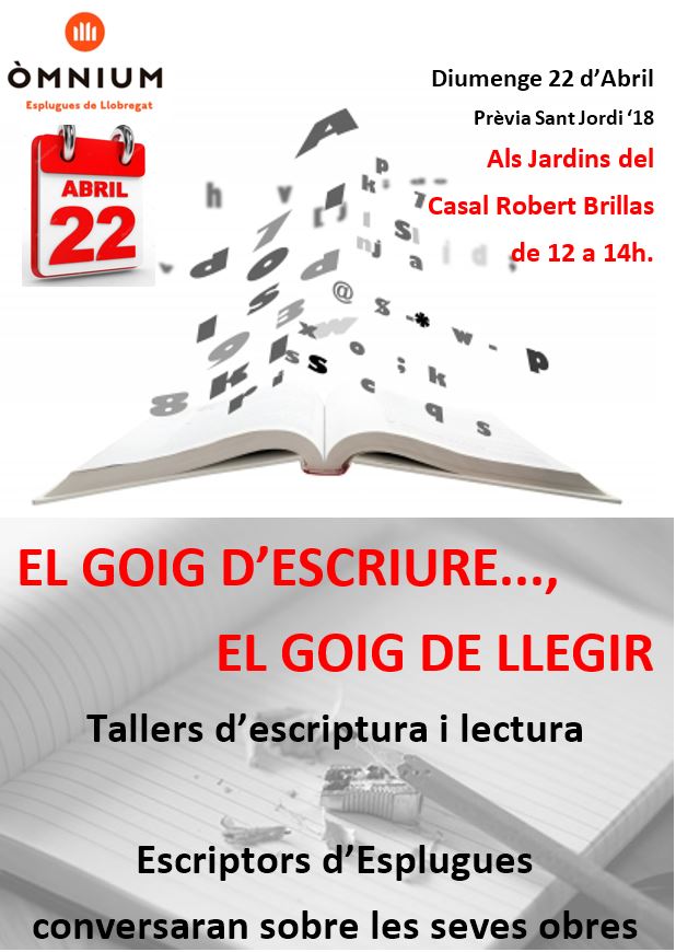 Prèvia de Sant Jordi

📌Demà de 12 a 2 del migdia als Jardins del Casal Robert Brillas: El goig de d'escriure, el goig de llegir, tallers d'escriptura i lectura amb els autors locals que conversaran sobre les seves obres.

Us hi esperem! 😉