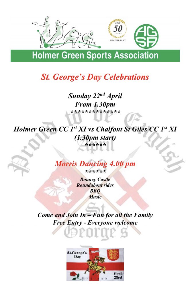HolmerGreenCC's tweet photo. Looking forward to hosting @CSG_CC for the first time at @HGSA_ tomorrow! Summer is finally here!
@downleycc @bwcricketclub @GKCC1890 @Prestwoodcc come down and help us enjoy the day if you’re not playing! Should be a great day! #cricket #summer #community #StGeorgesDay #bbq https://t.co/UUj7bkaokh