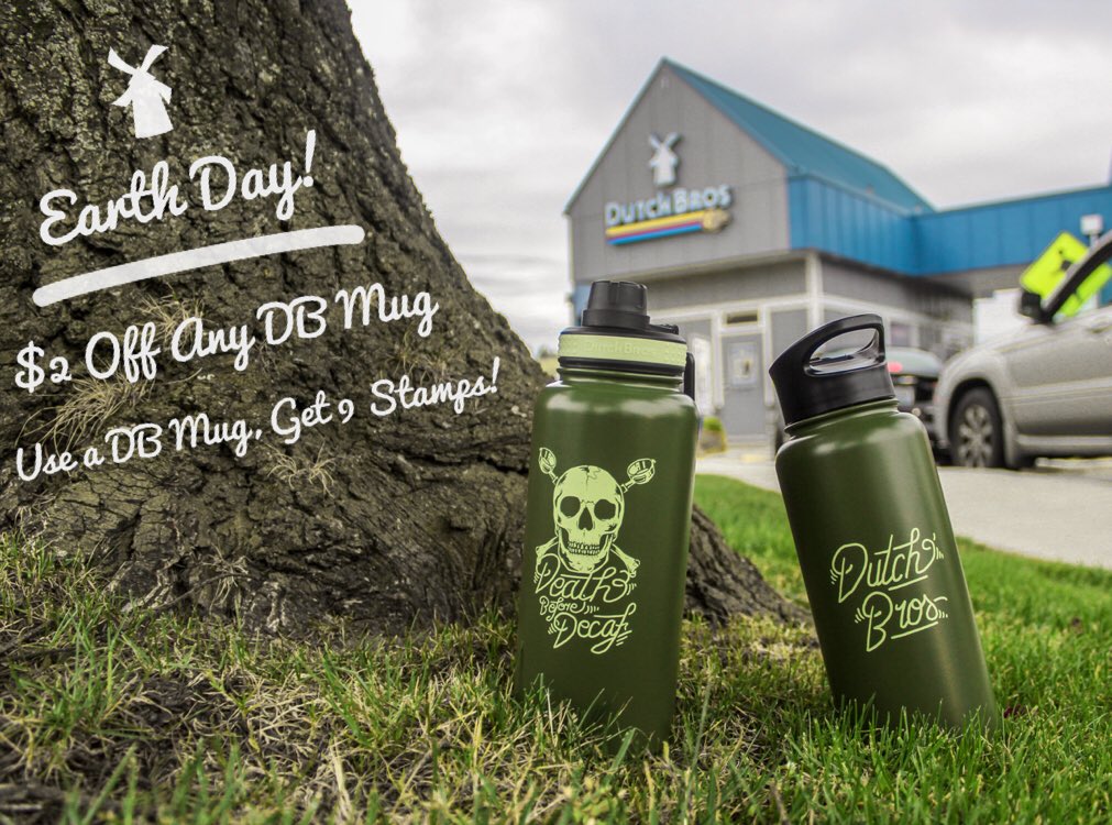DutchBrosRenton's tweet photo. Tomorrow is EARTH DAY! 🌎
Come bring in your Dutch Bros. mug tomorrow, and get a 9 Stamp card!
If you don’t have one, we got them $2 off for you on ANY DB Mug!
As always when you buy a Dutch Mug, you’ll get a free drink with it.
#DBRenton 💞 https://t.co/Y3y4EhrgJ6