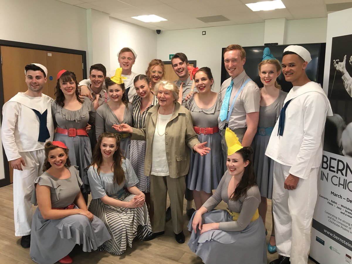 delaney_damien's tweet photo. Musical Theatre Triple Threat Tour Company representing University of Chichester's Musical Theatre course at the BERNSTEIN 100 event today, pictured with Dame Patricia Routledge DBE. @UOC_onthetown @ChiUni_TT @Bernstein_Chi https://t.co/kK2Ij50KwX