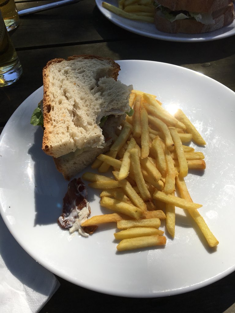 This is an £8.00 sandwich (less one bite). 1/2 round of chicken sandwich (what happened to the other half?) plus fries. And ... 35 minutes to deliver this. Shameful. <a href="/weyside/">The Weyside</a> Guildford.