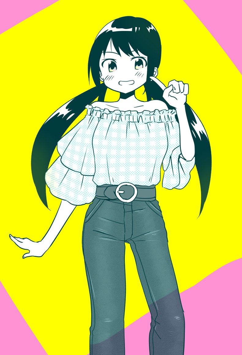 1girl solo twintails pants smile long hair shirt  illustration images