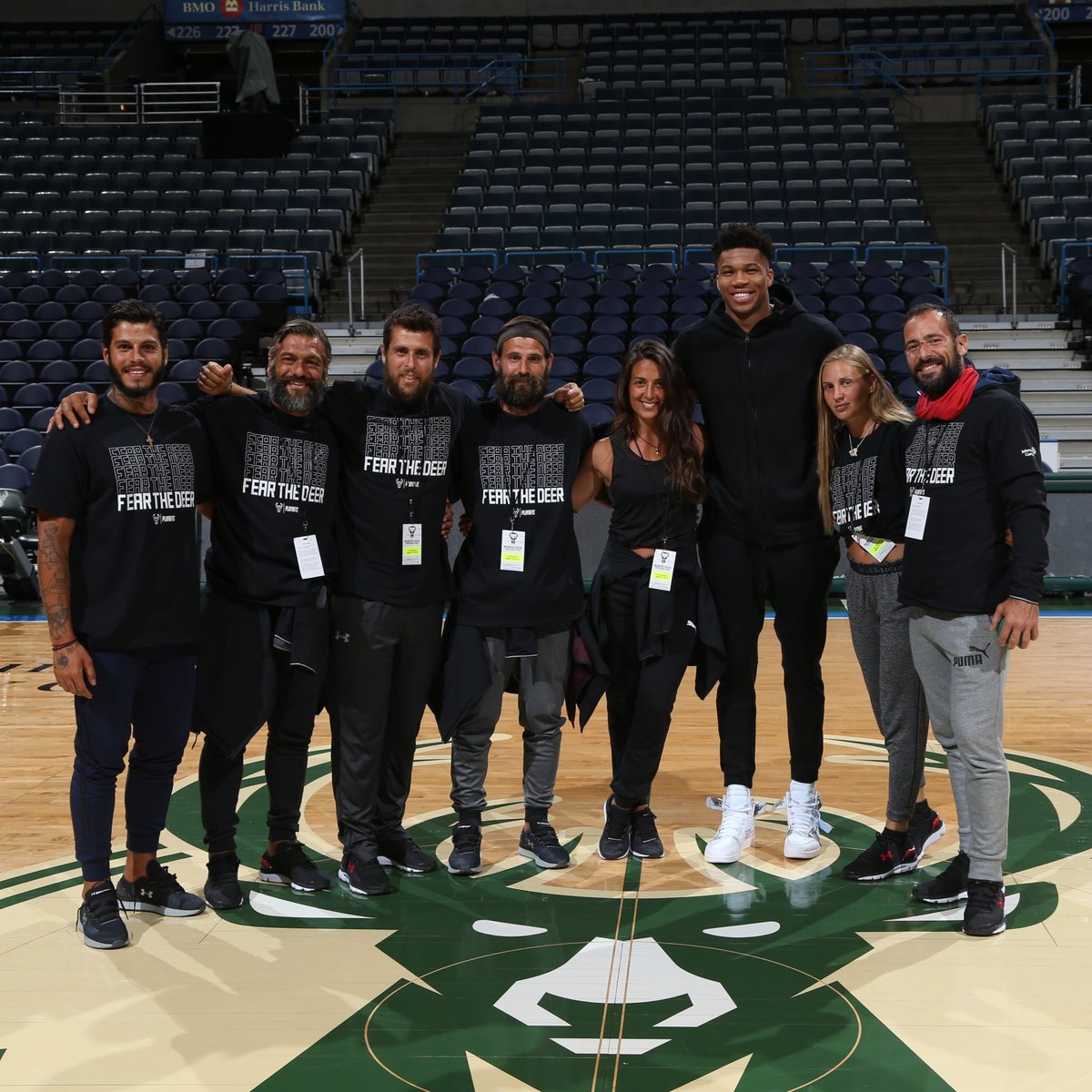 Bucks's tweet photo. Following last night’s WIN, @giannis_an34 met the contestants of @survivorgreece who won the opportunity to watch him play in the playoffs!! #FearTheDeer https://t.co/sOUs9l6ZAF