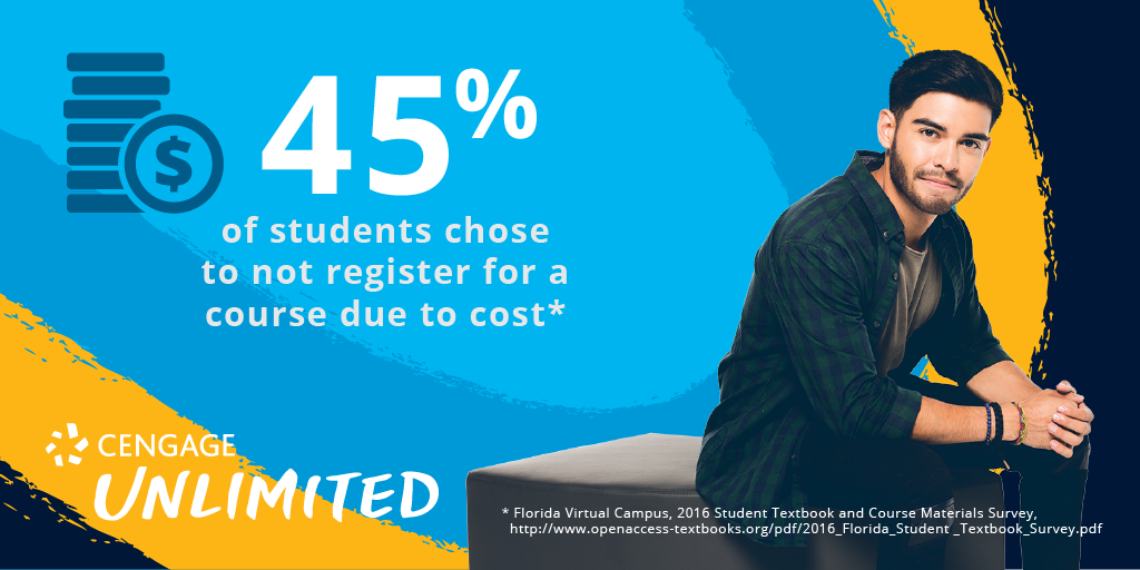 CengageLearning's tweet photo. 45% of students have chosen NOT to register for a course due to cost. It's time to take the limits off your learning. Students—Click here to learn more about #CengageUnlimited >> https://t.co/drnf4ddlrx https://t.co/JyNsiRzPQQ