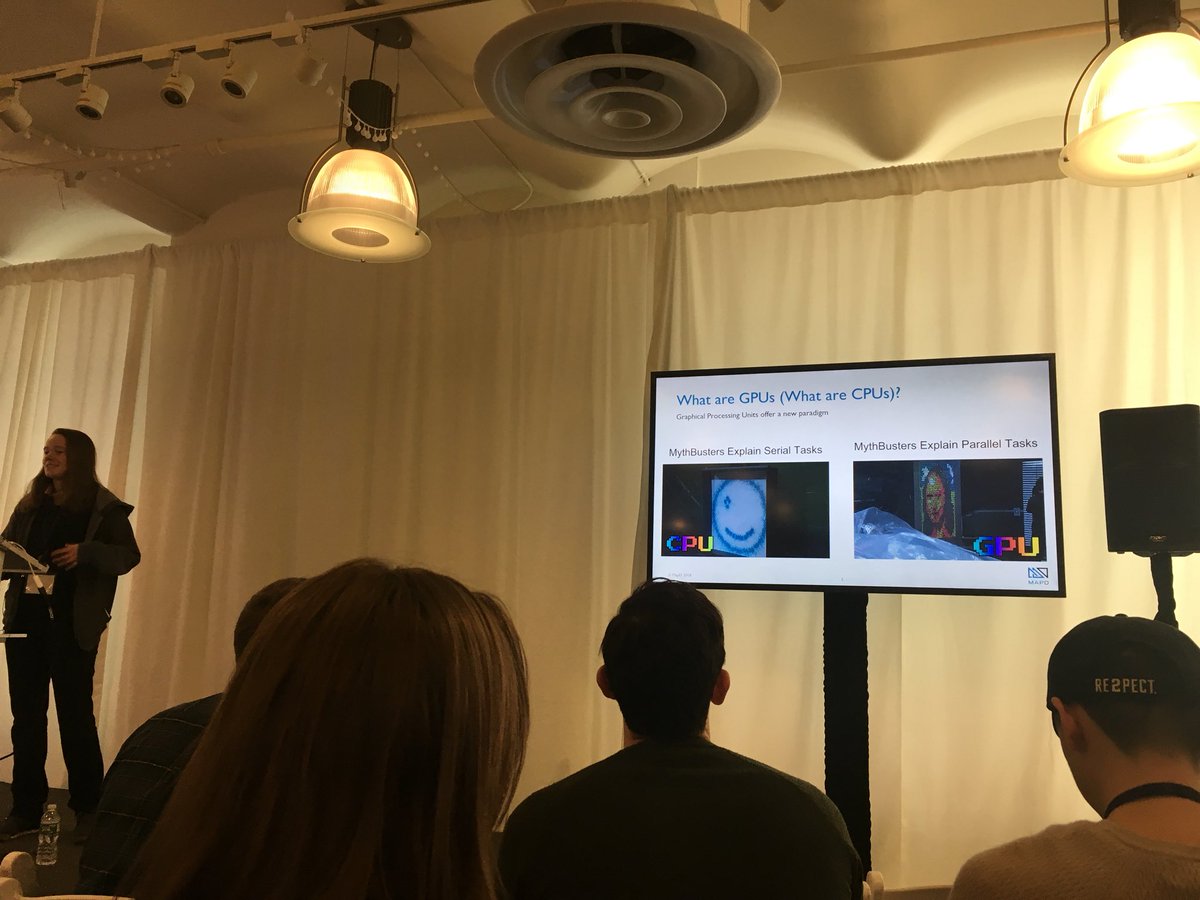 b3njana's tweet photo. Loving @b23kelly's explanation of differences between CPUs and GPUs, with a little help from Mythbusters #rstatsnyc https://t.co/ZnHk2NvDE4