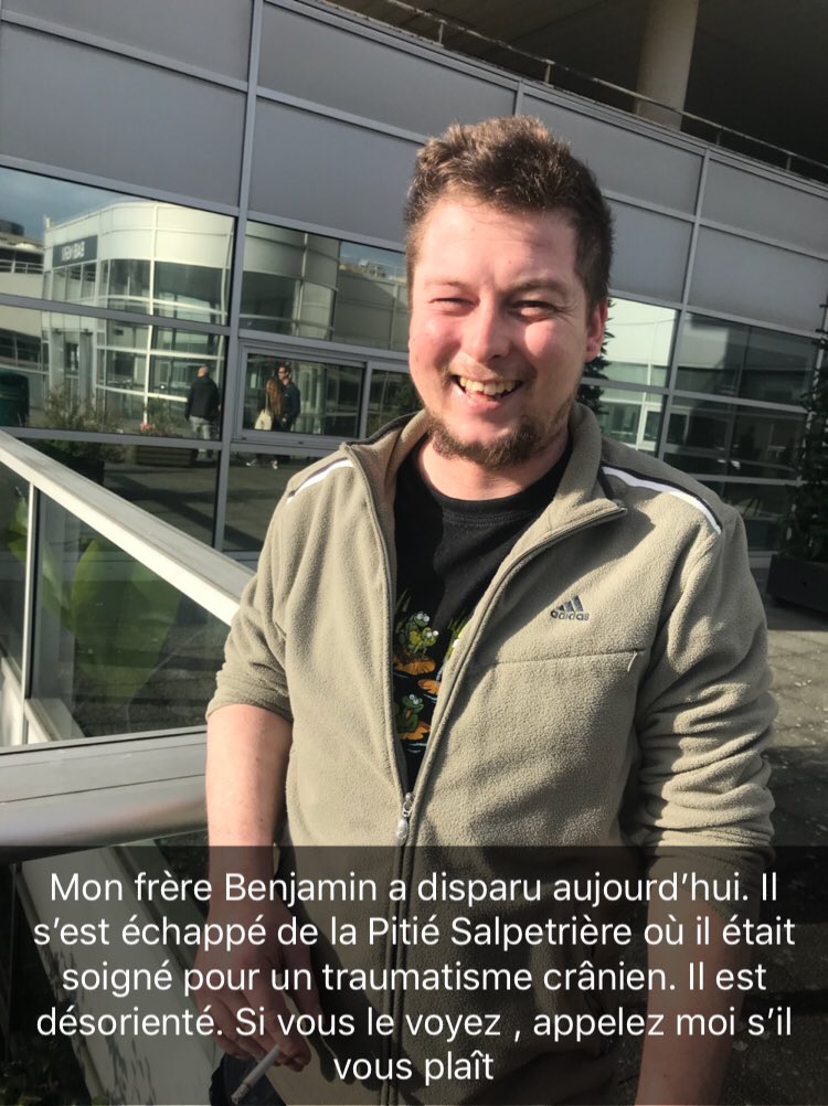 Marion_Breuil's tweet photo. #DISPARITION Mon frère s’est enfui de @HopPitieSalpe en début d’après midi. Il a un traumatisme crânien si vous le voyez prévenez-moi s’il vous plaît 🙏 #alertedisparition #malade #aide #share #retweet #iledefrance #paris #bourgogne @PoliceNationale @prefpolice https://t.co/zpDopKKi2g
