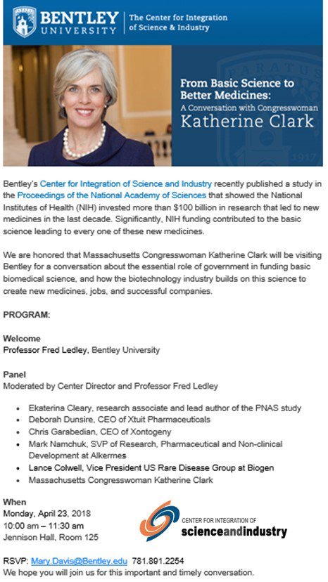We are honored that @RepKClark is visiting @bentleyU @sciindustry for an important discussion about the government's contribution to the basic biomedical science, and how life science industry translates this science into innovative medicines and successful companies.