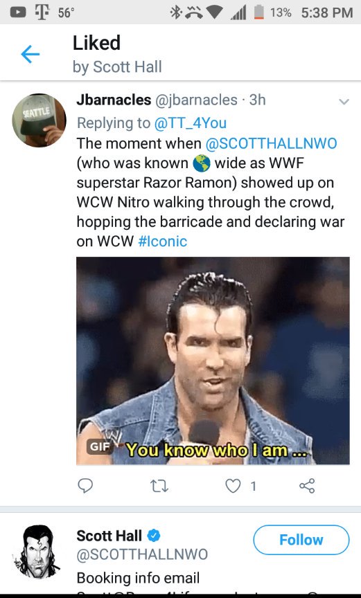 jbarnacles's tweet photo. In some circles it's frowned upon to "mark out" but in some situations it's not only acceptable it's incouraged..The "Bad Guy" Razor Ramon liked my tweet! #TooSweeet👌🏾 #nWo #WWE https://t.co/BkAl6AyXlk