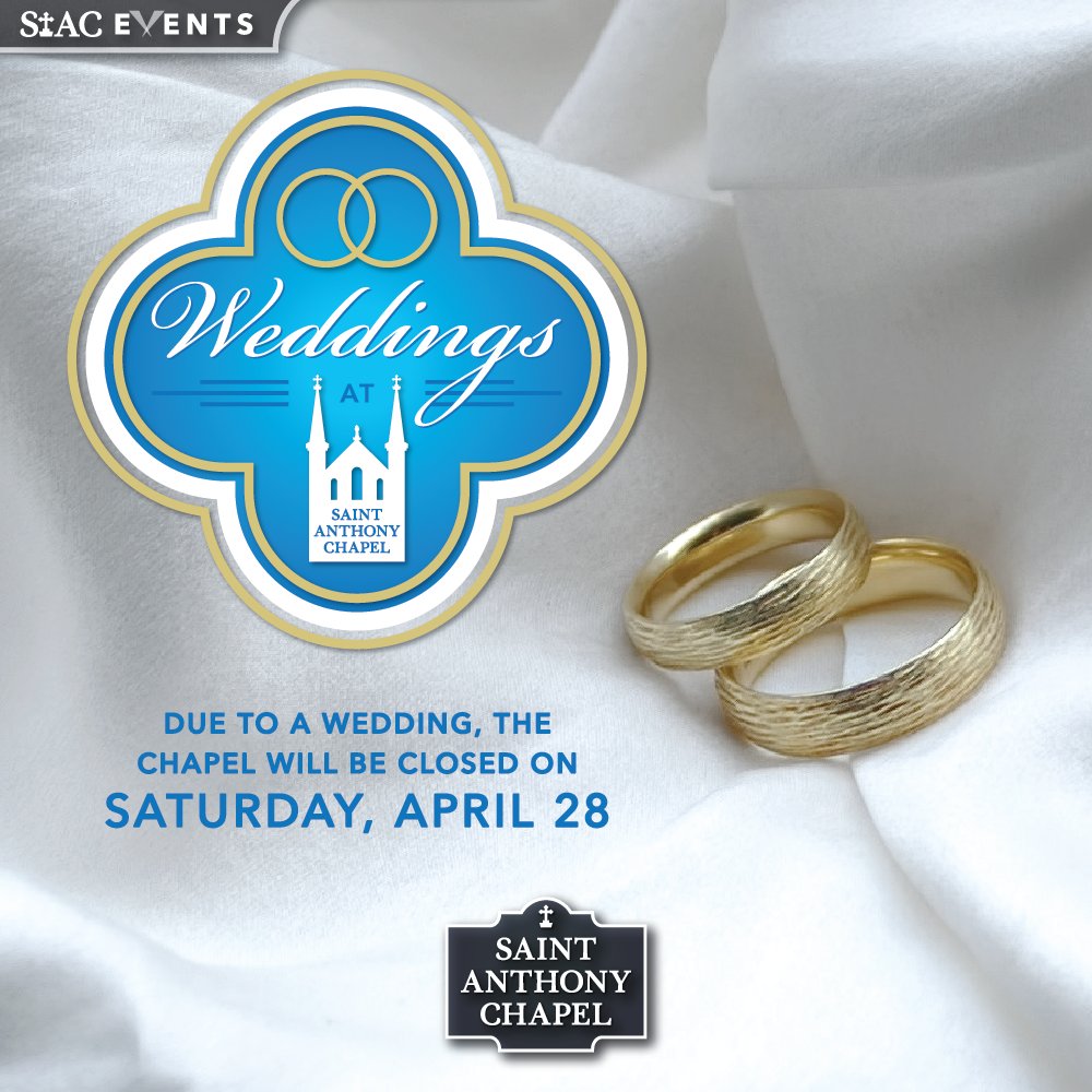 StAnthonyChapel's tweet photo. Due to a wedding—two, in fact—the chapel will be closed on Saturday, April 28

For information on having your wedding at the chapel, visit https://t.co/iNsUMGnvwX https://t.co/jJDs46KfJH